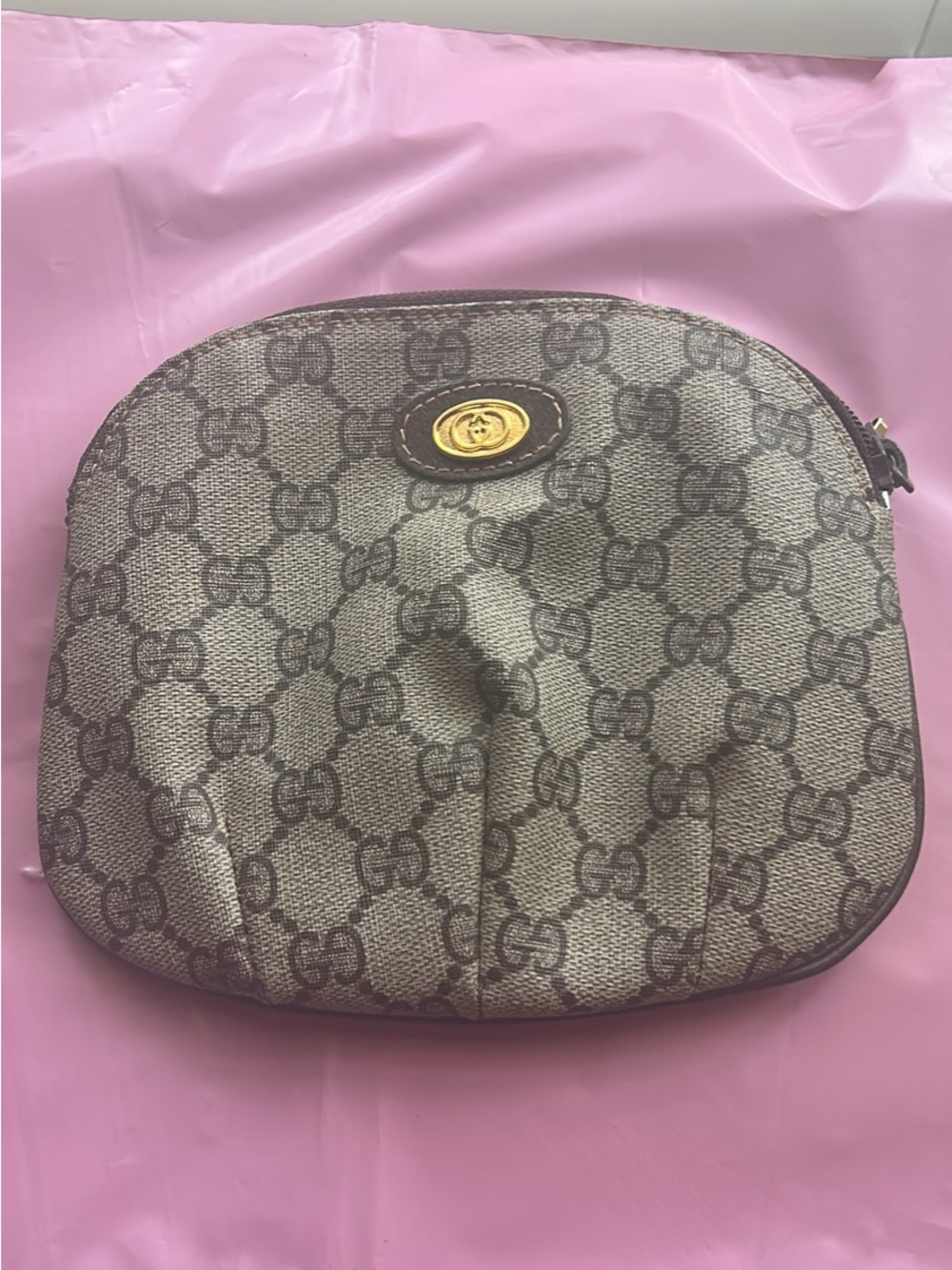 Gucci Beige Brown GG Canvas Cosmetic Pouch with Gold Logo